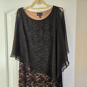 Black lace dress with black overlay cape, size 10